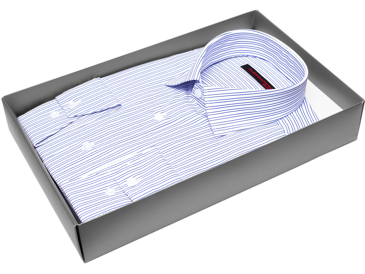 Бело-синяя приталенная мужская рубашка Alessandro Milano Limited Edition 2075-32 в полоску с длинными рукавами купить в Москве недорого