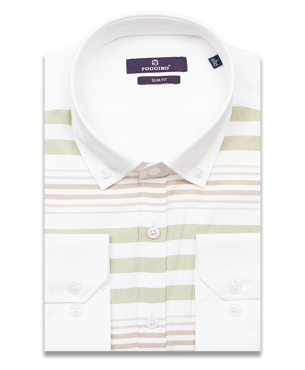 Белая комбинированная мужская рубашка Poggino 7013-004 в полоску с длинными рукавами