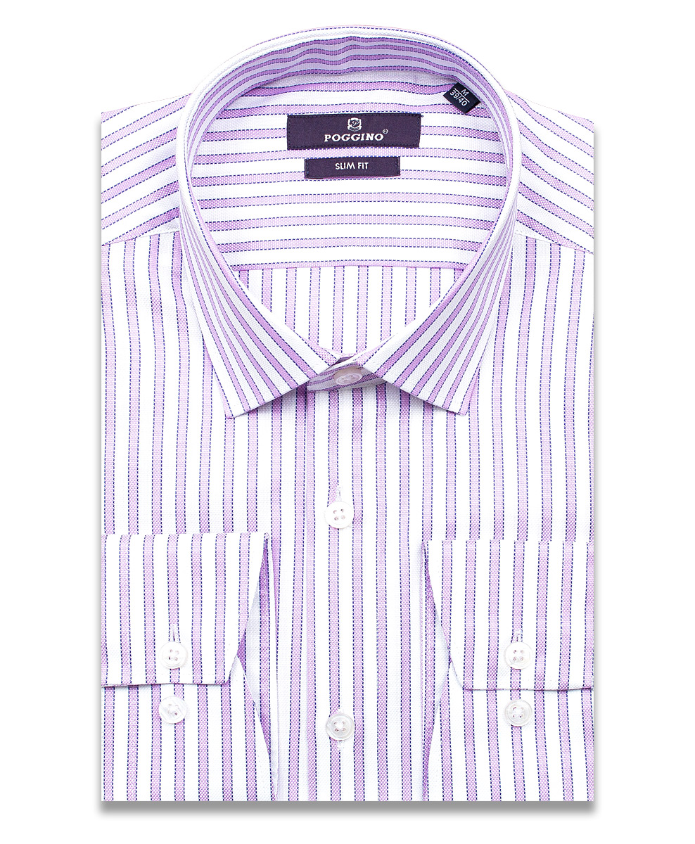 Сиреневая приталенная мужская рубашка Poggino 7014-28 в полоску с длинными рукавами