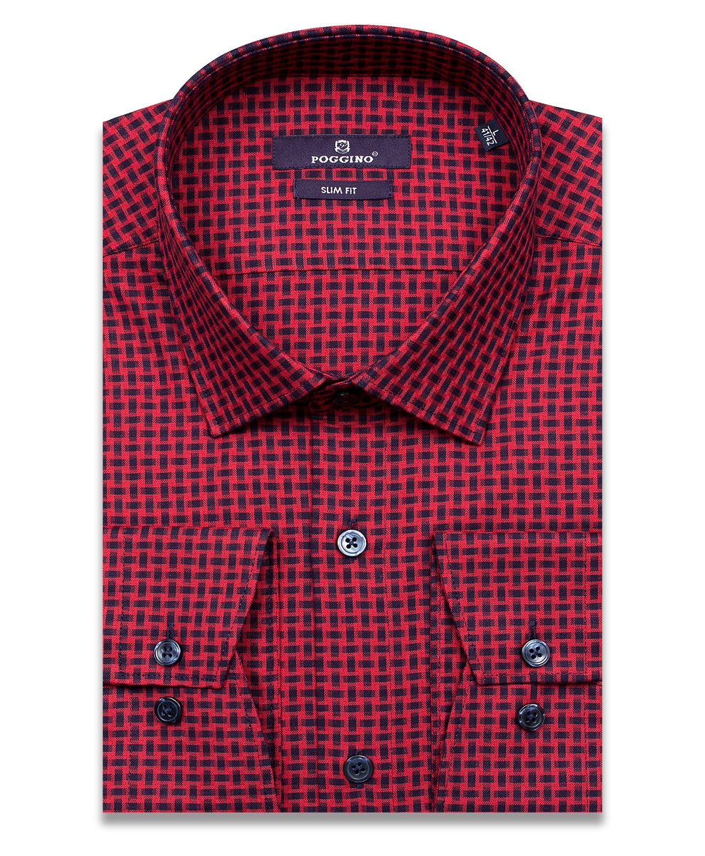 Бордовая приталенная мужская рубашка Poggino 7014-04 в отрезках с длинными рукавами
