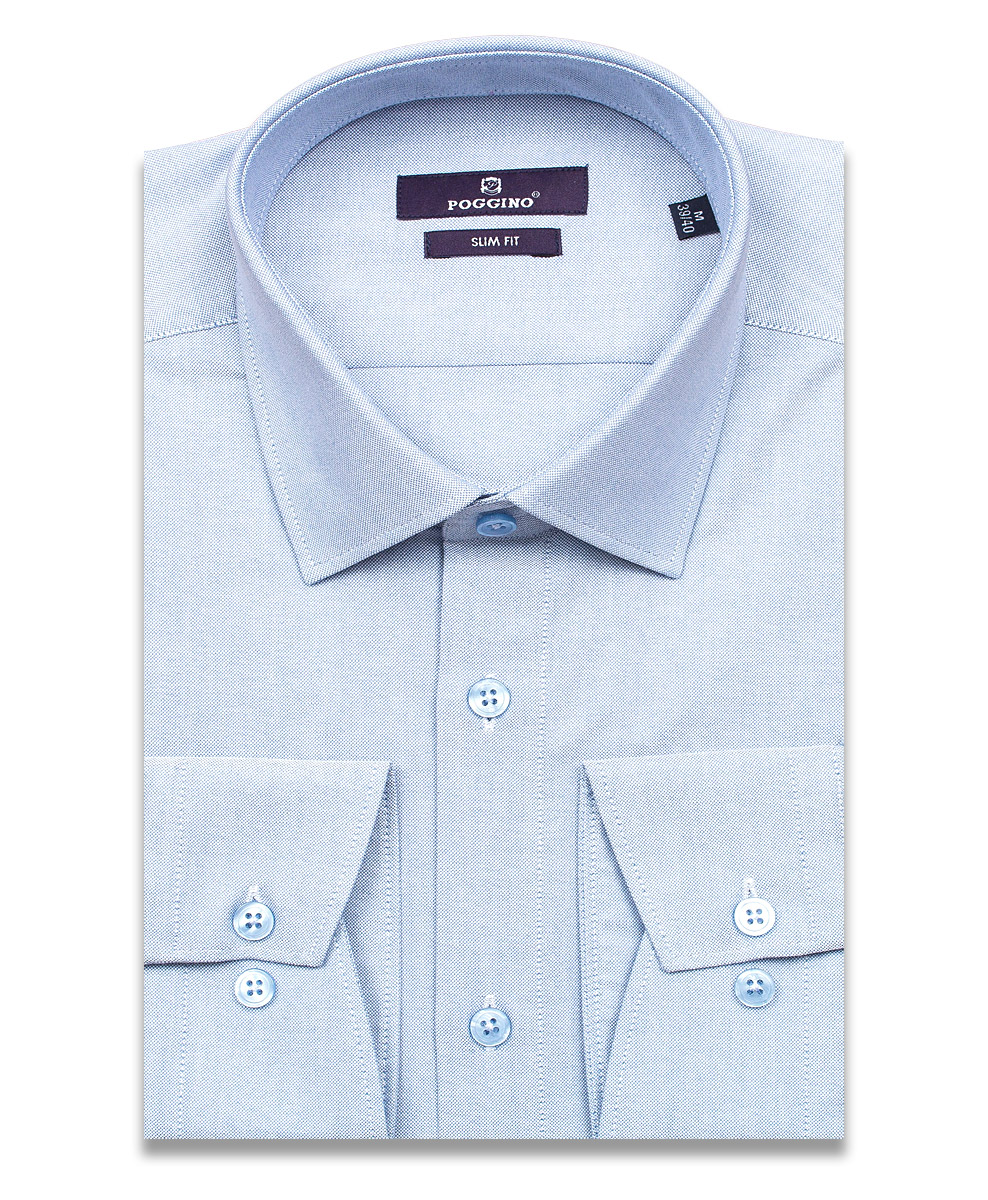 Голубая приталенная мужская рубашка Poggino 7014-56 с длинными рукавами