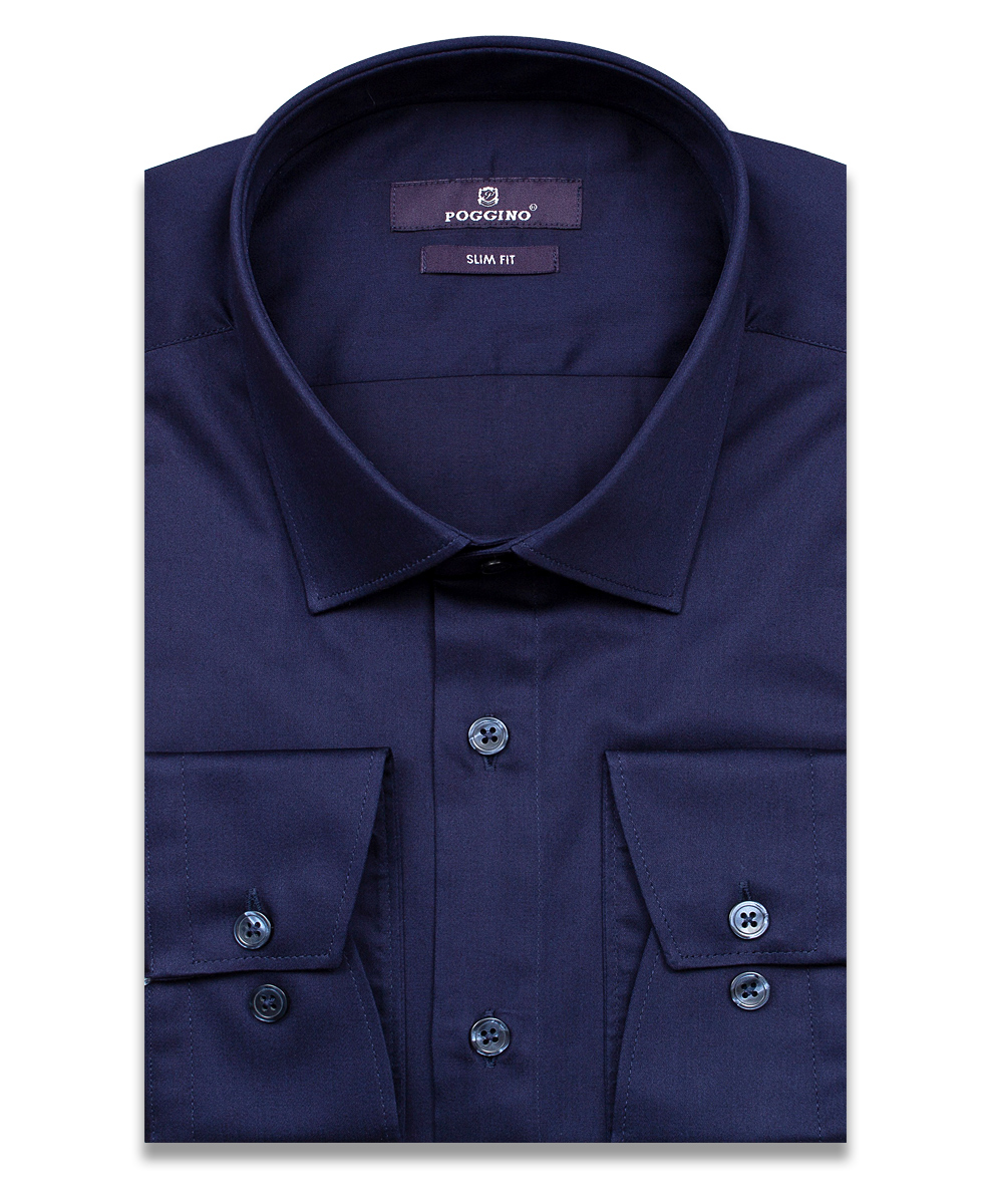 Темно-синяя приталенная мужская рубашка Poggino 7014-54 с длинными рукавами