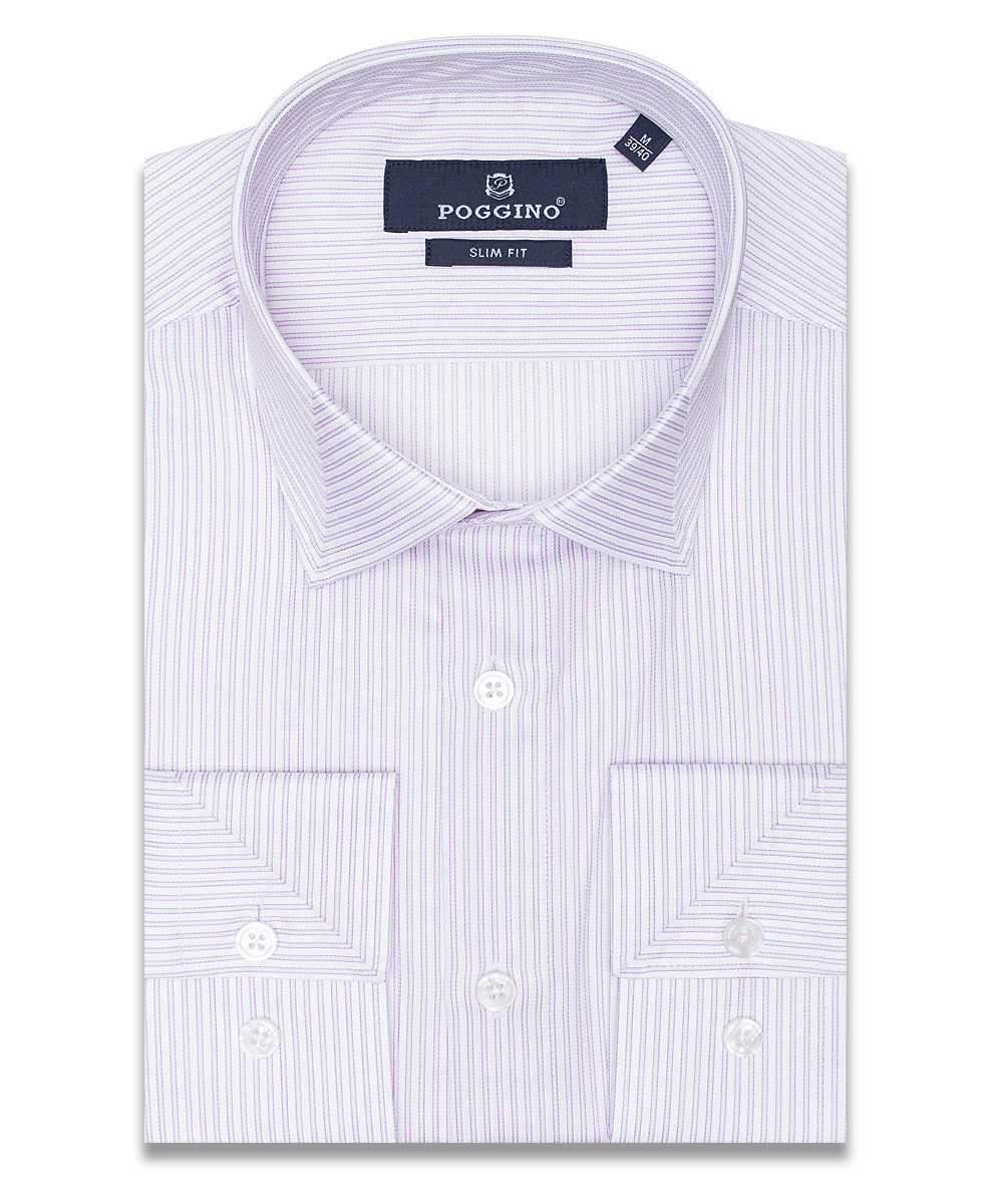 Сиреневая приталенная мужская рубашка Poggino 5010-50 в полоску с длинными рукавами