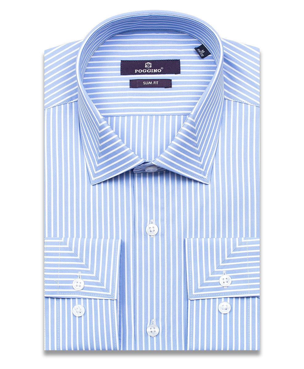 Голубая приталенная мужская рубашка Poggino 7013-60 в полоску с длинными рукавами