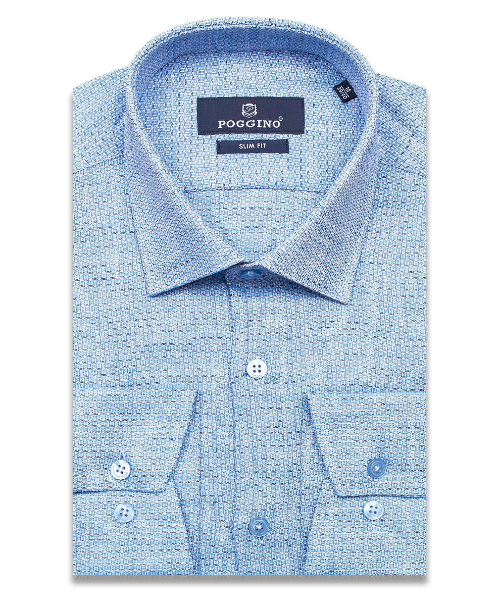 Голубая приталенная мужская рубашка Poggino 7011-06 меланж с длинными рукавами
