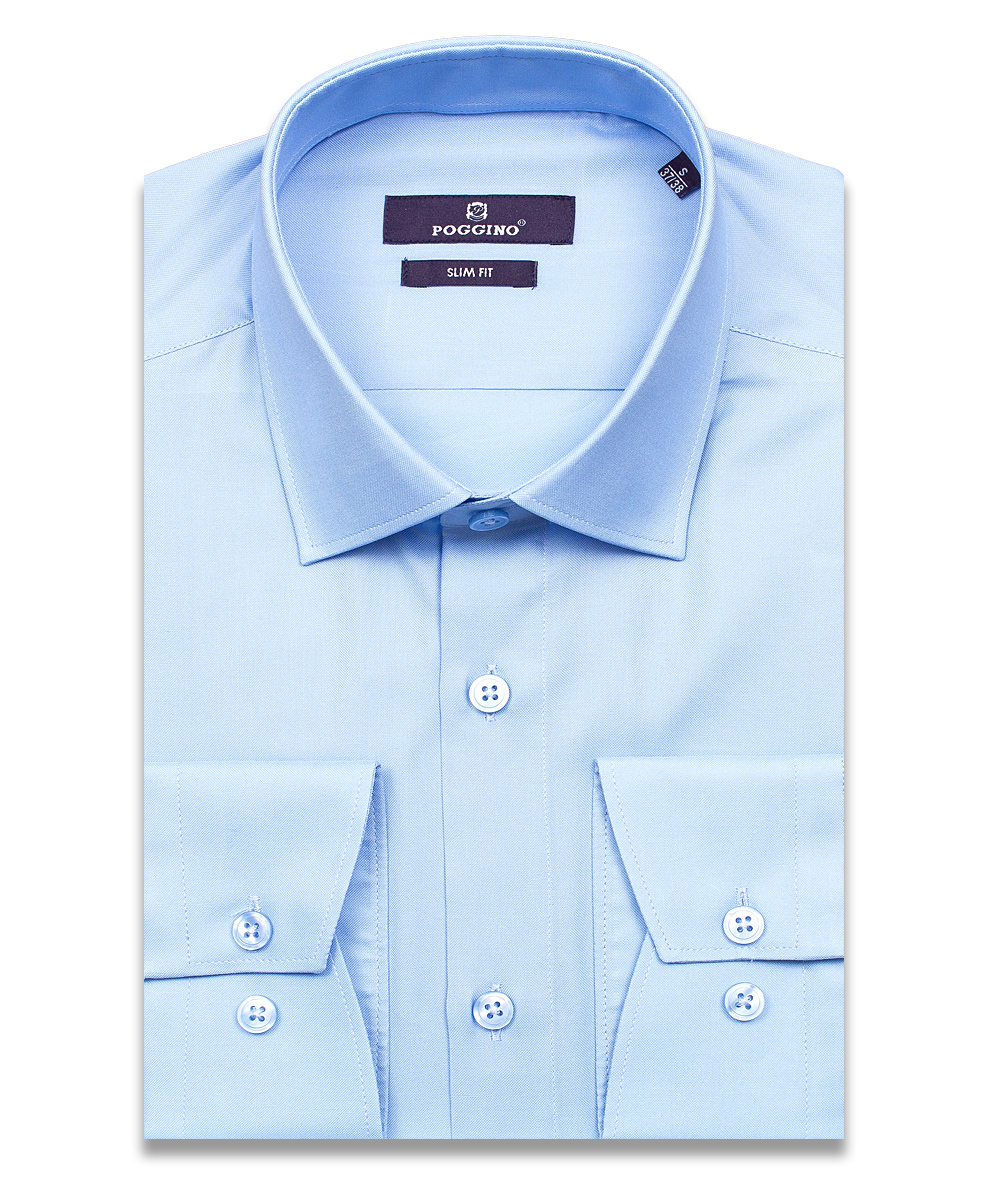 Мужская рубашка силуэт приталенный цвет голубой однотонный