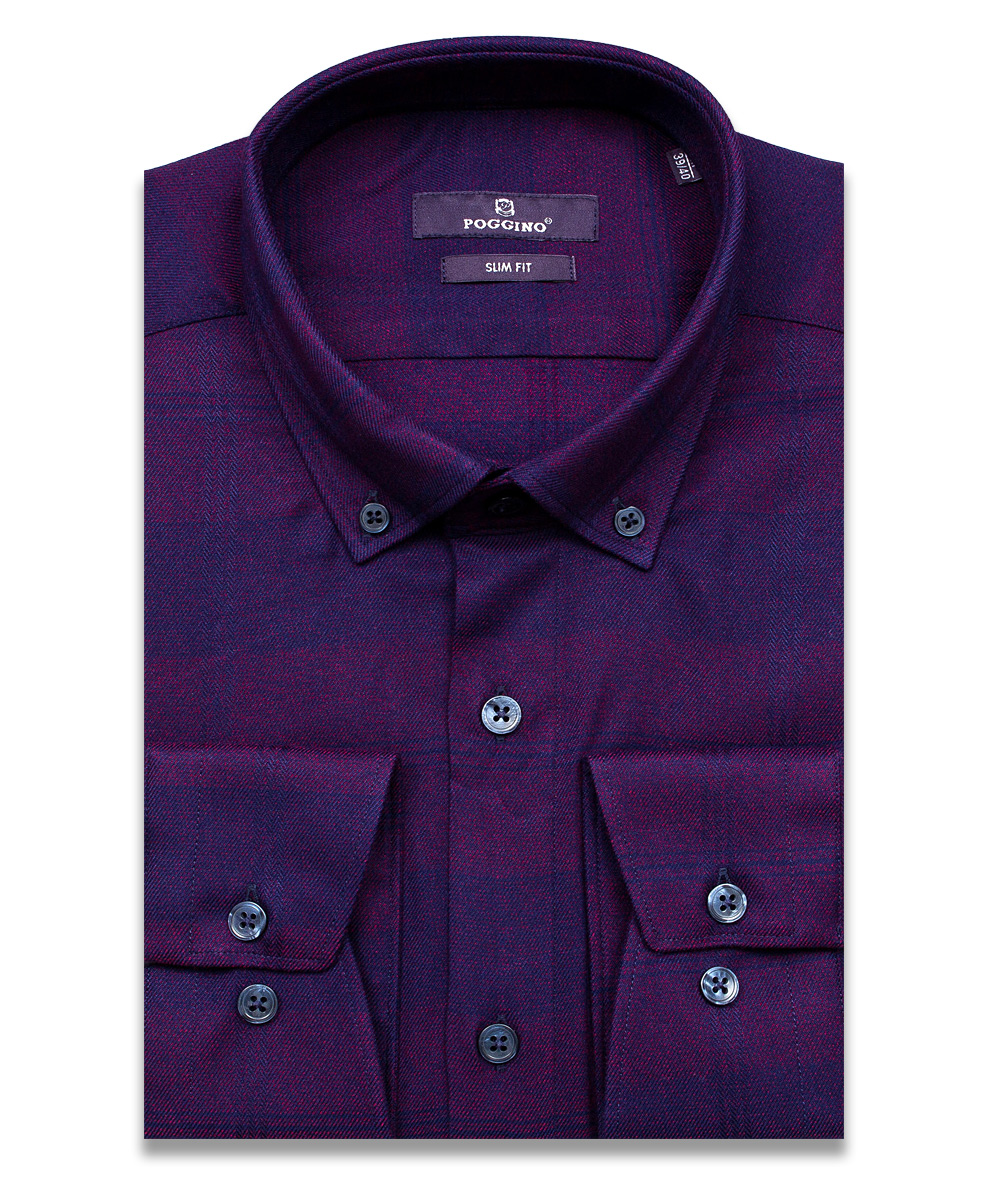 Байковая сливовую приталенная мужская рубашка Poggino 7017-05 в клетку с длинными рукавами