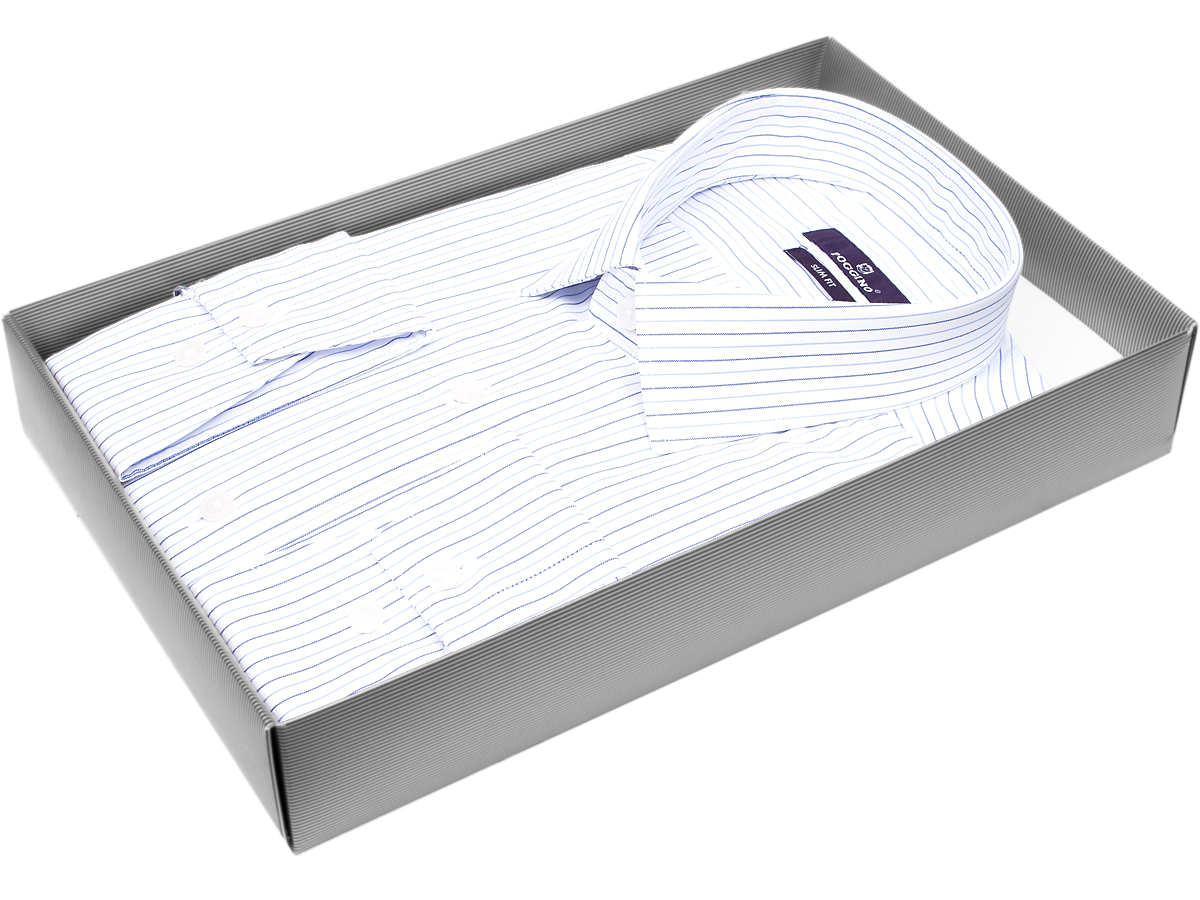 Приталенная мужская рубашка Poggino 7017-71 рукав длинный стиль классический цвет белый в полоску 100% хлопок