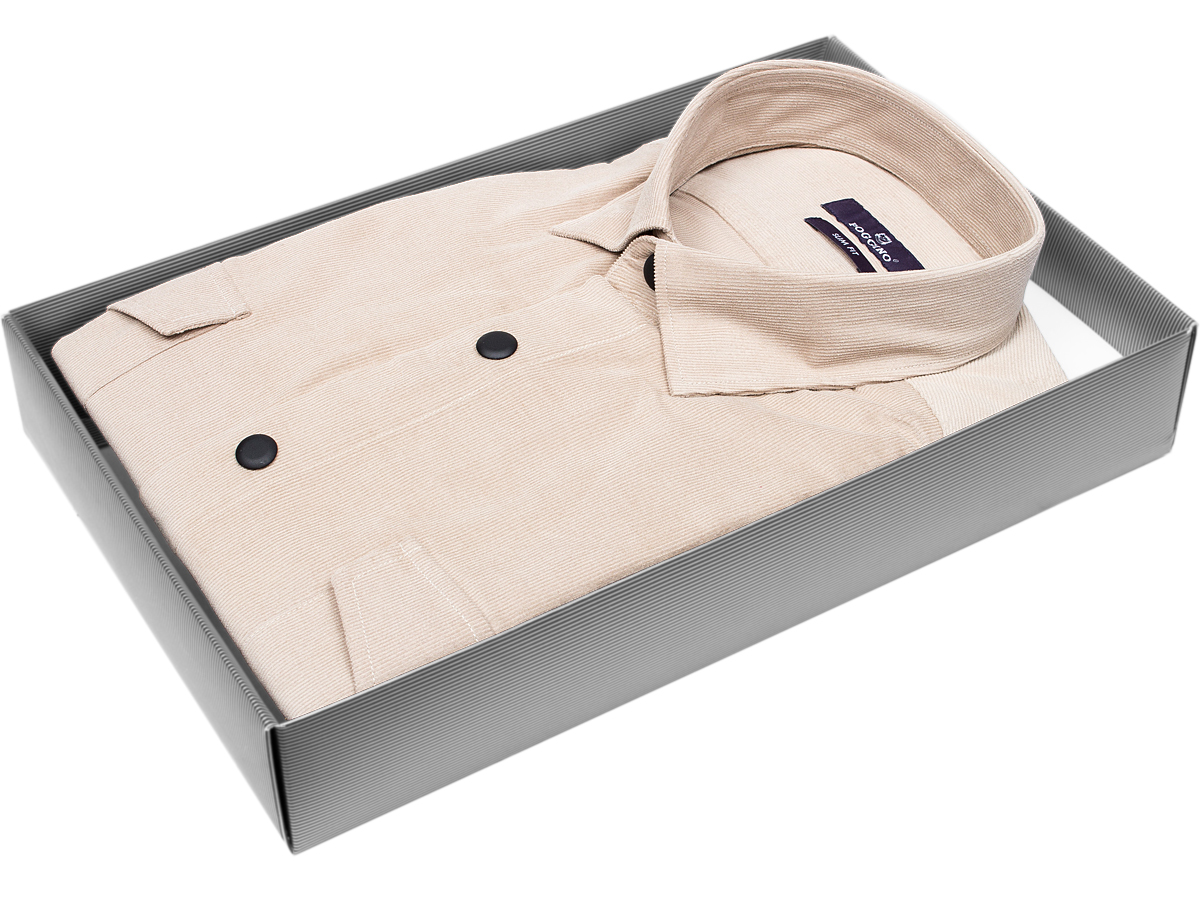 Приталенная мужская рубашка Poggino 7017-89 рукав длинный стиль casual цвет бежевый в полоску 100% хлопок