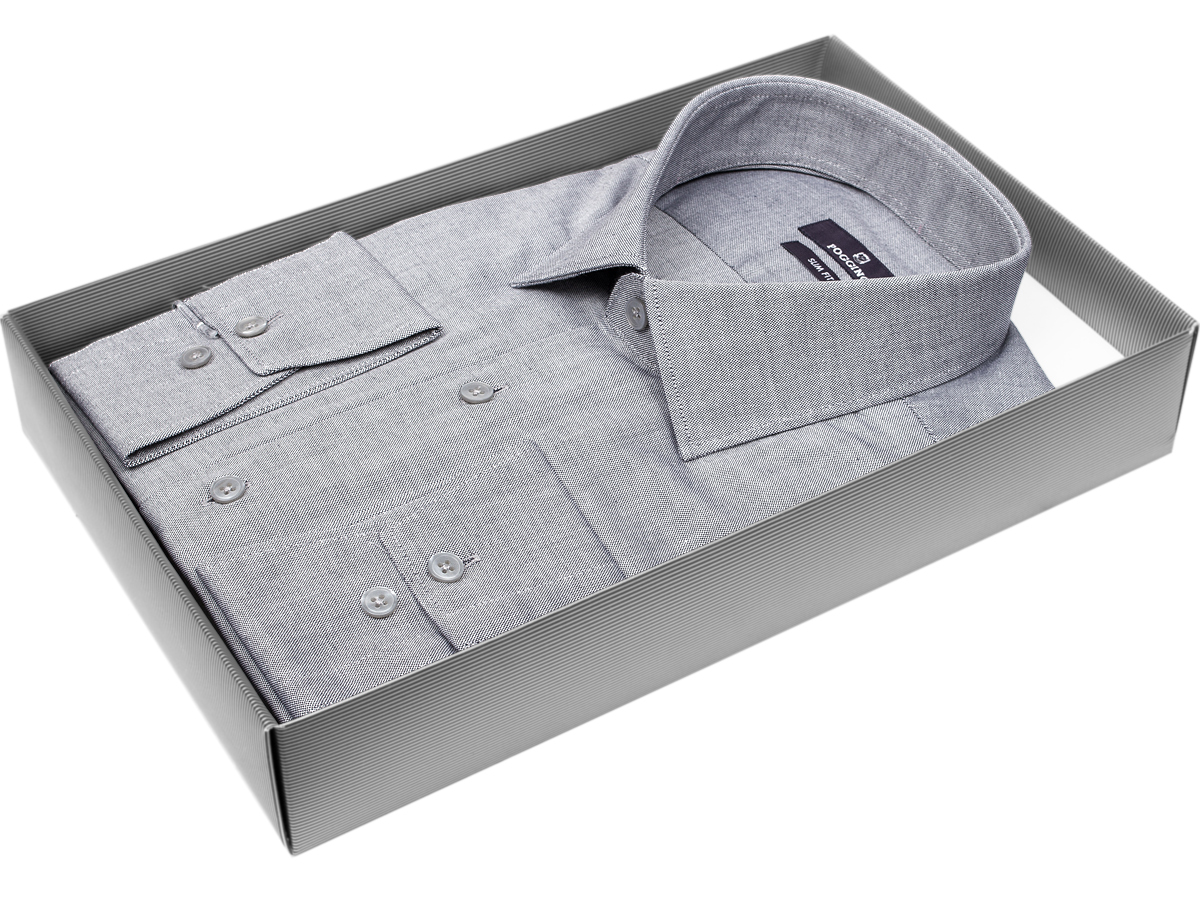 Стильная мужская рубашка Poggino 7017-30 силуэт приталенный стиль классический цвет серый меланж 100% хлопок