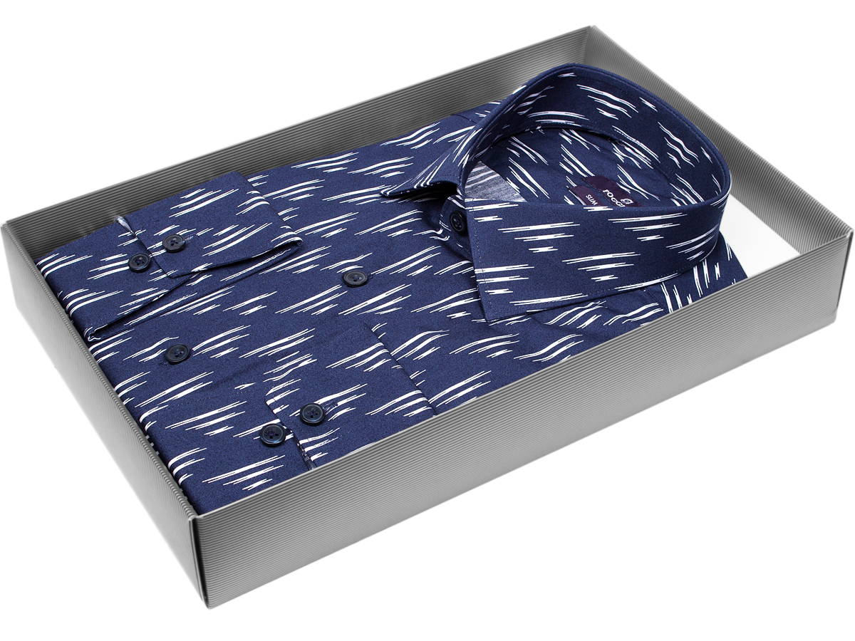 Стильная мужская рубашка Poggino 7017-41 силуэт приталенный стиль casual цвет темно синий в отрезках 100% хлопок