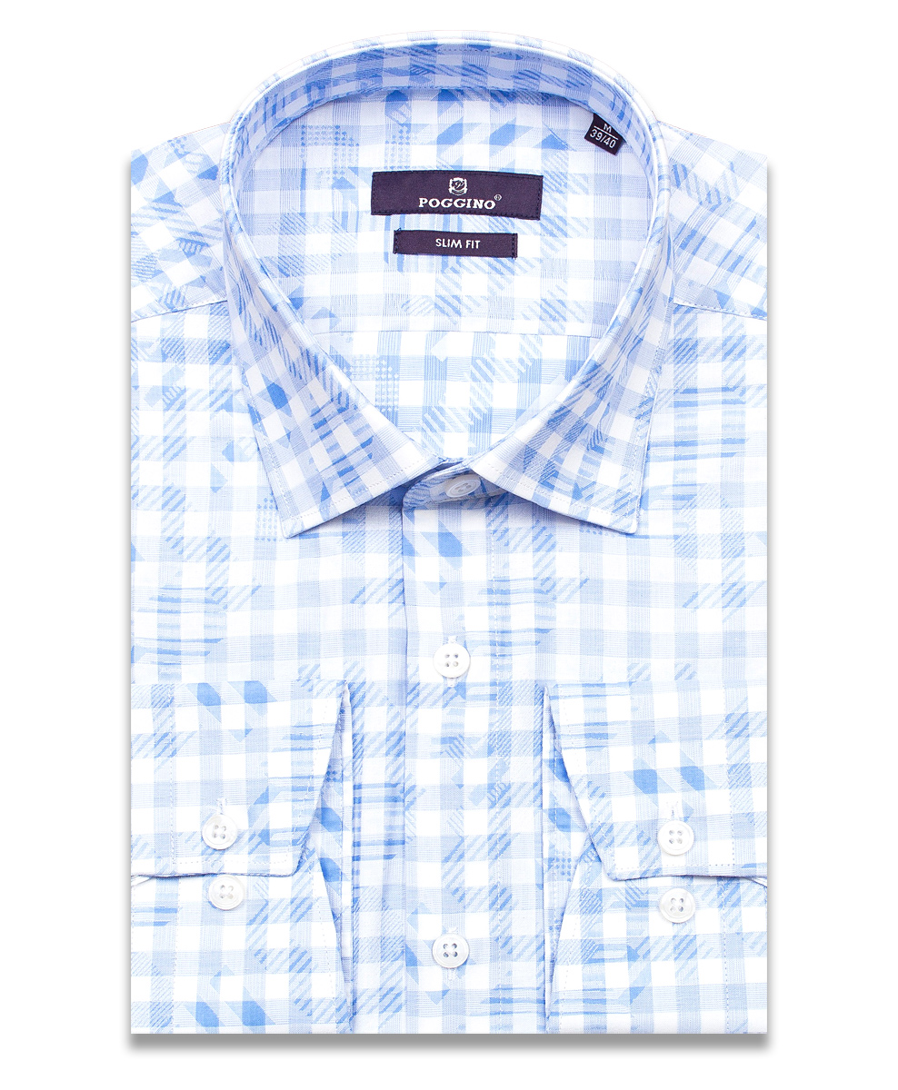 Голубая приталенная мужская рубашка Poggino 7017-15 в клетку с длинными рукавами