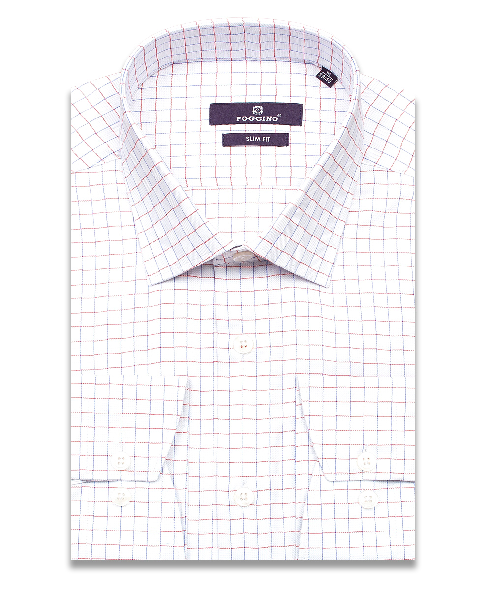 Белая приталенная мужская рубашка Poggino 7017-79 в клетку с длинными рукавами
