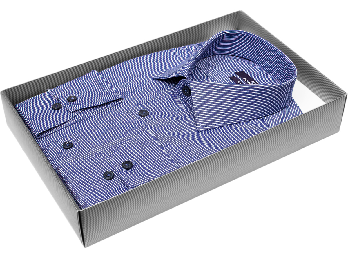 Стильная мужская рубашка Poggino 7017-70 силуэт приталенный стиль классический цвет синий в полоску 100% хлопок