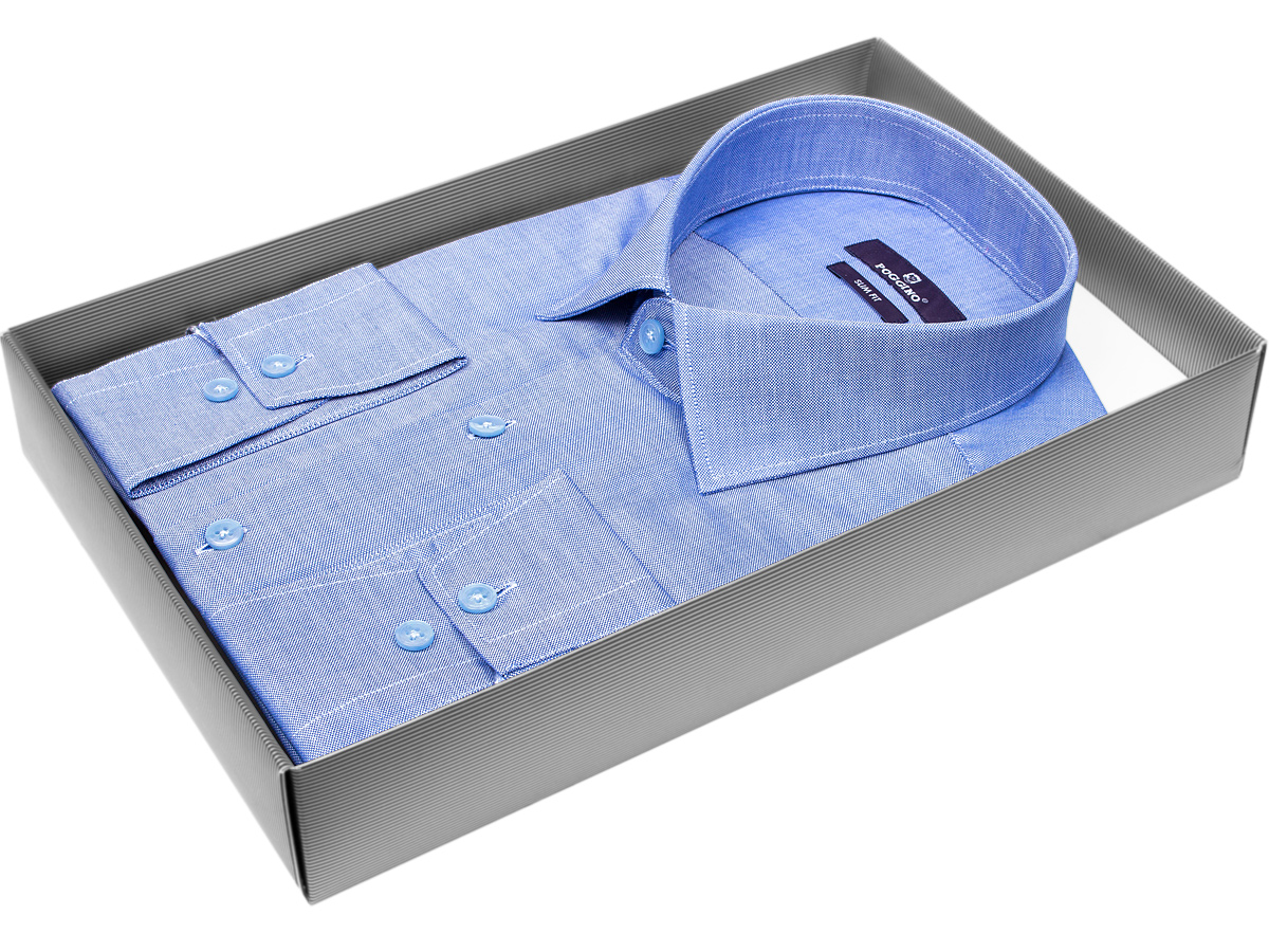 Стильная мужская рубашка Poggino 7017-31 силуэт приталенный стиль классический цвет синий однотонный 100% хлопок