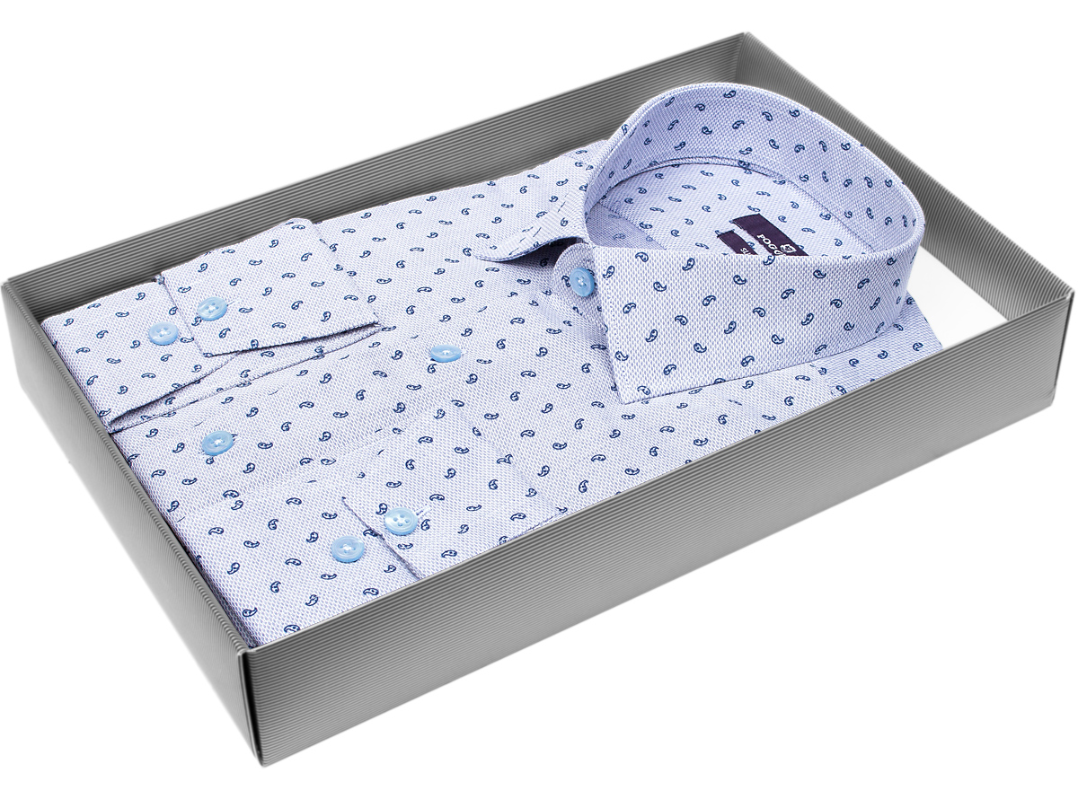 Стильная мужская рубашка Poggino 7017-66 силуэт приталенный стиль casual цвет светло-синий в восточных огурцах 100% хлопок
