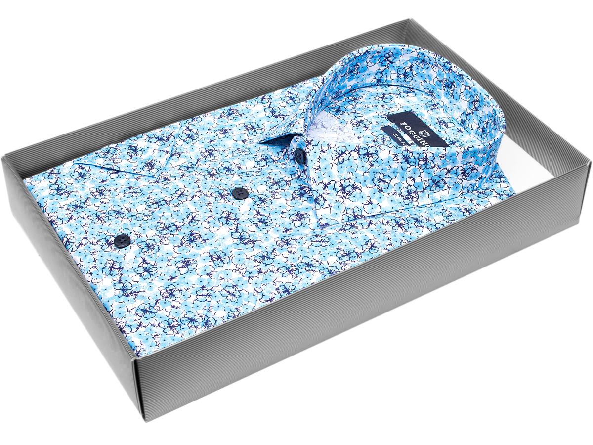 Стильная мужская рубашка Poggino 7004-11 силуэт приталенный стиль casual цвет бирюзовый в цветах 100% хлопок