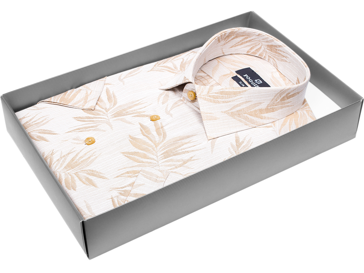 Стильная мужская рубашка Poggino 7004-51 силуэт приталенный стиль casual цвет бежевый в листьях 100% хлопок