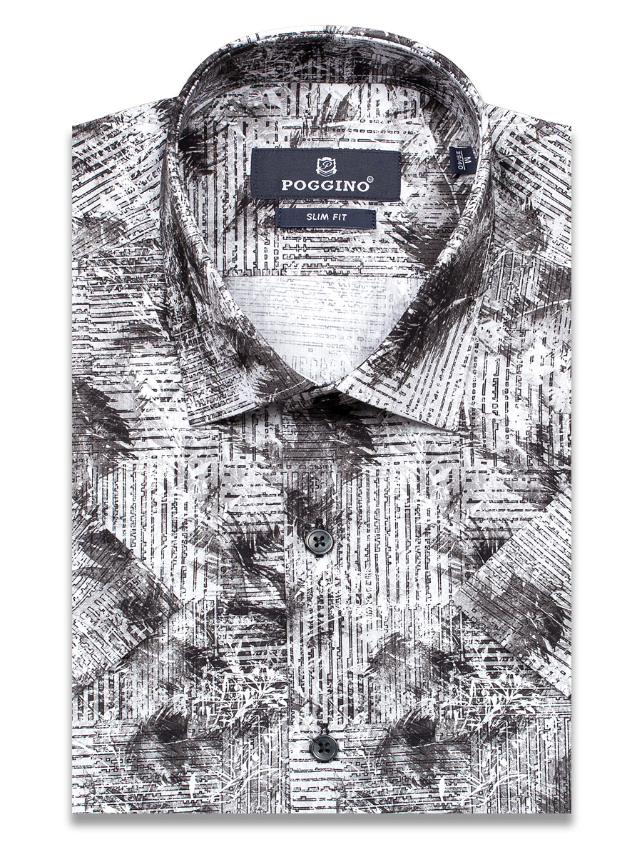 Серая приталенная мужская рубашка Poggino 7004-30 в абстракции с коротким рукавом