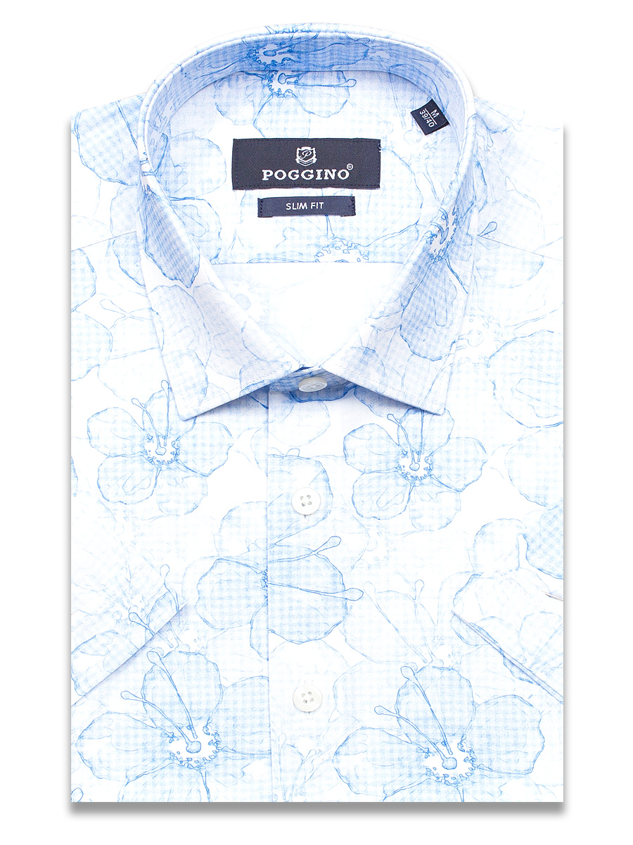 Голубая приталенная мужская рубашка Poggino 7004-17 в цветах с коротким рукавом
