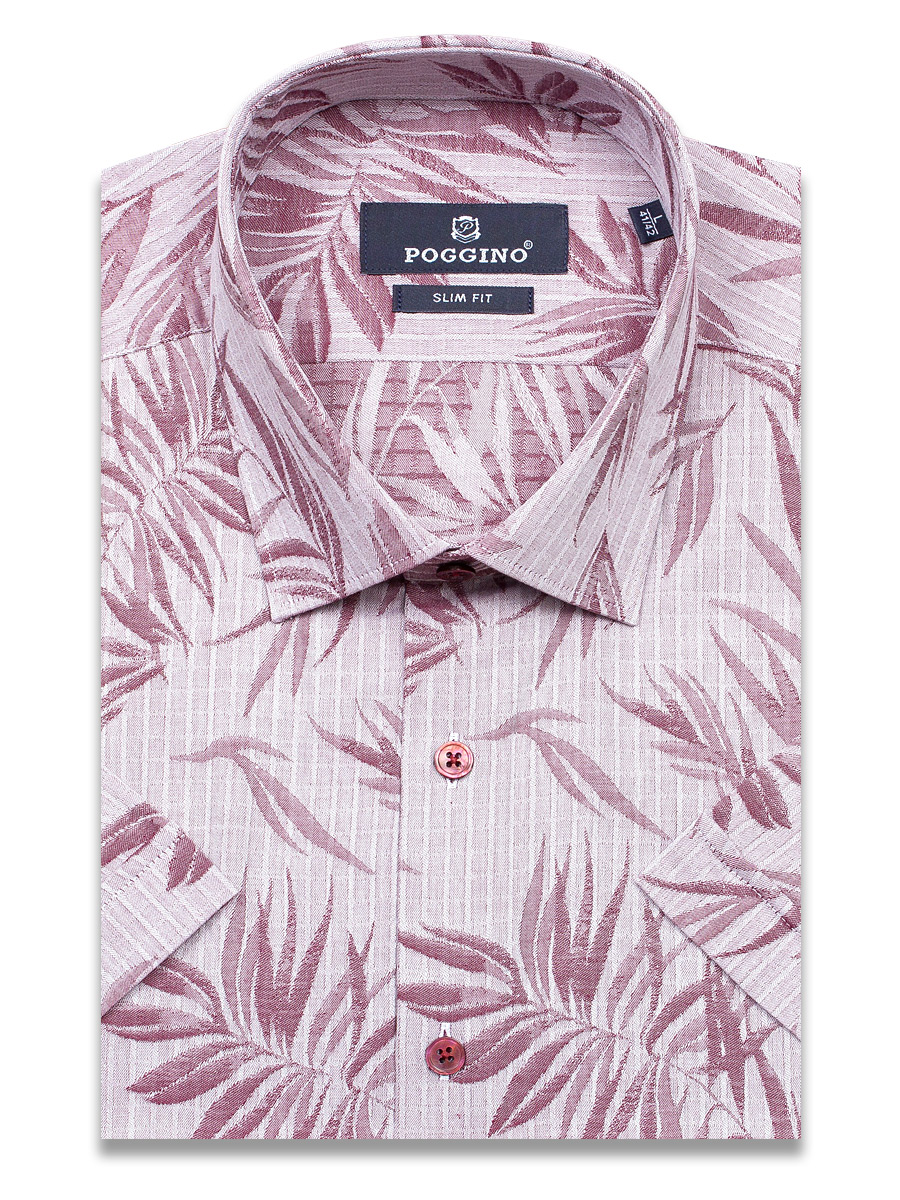 Бордовая приталенная мужская рубашка Poggino 7004-49 в листьях с коротким рукавом