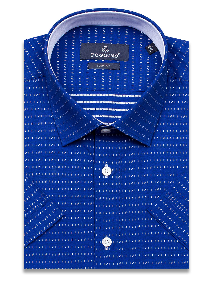 Синяя приталенная мужская рубашка Poggino 4000-02 в полоску с коротким рукавом