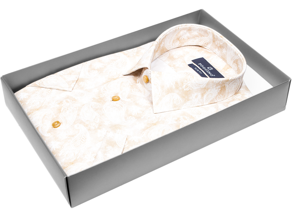 Стильная мужская рубашка Poggino 7002-20 силуэт приталенный стиль casual цвет бежевый в восточных огурцах 100% хлопок