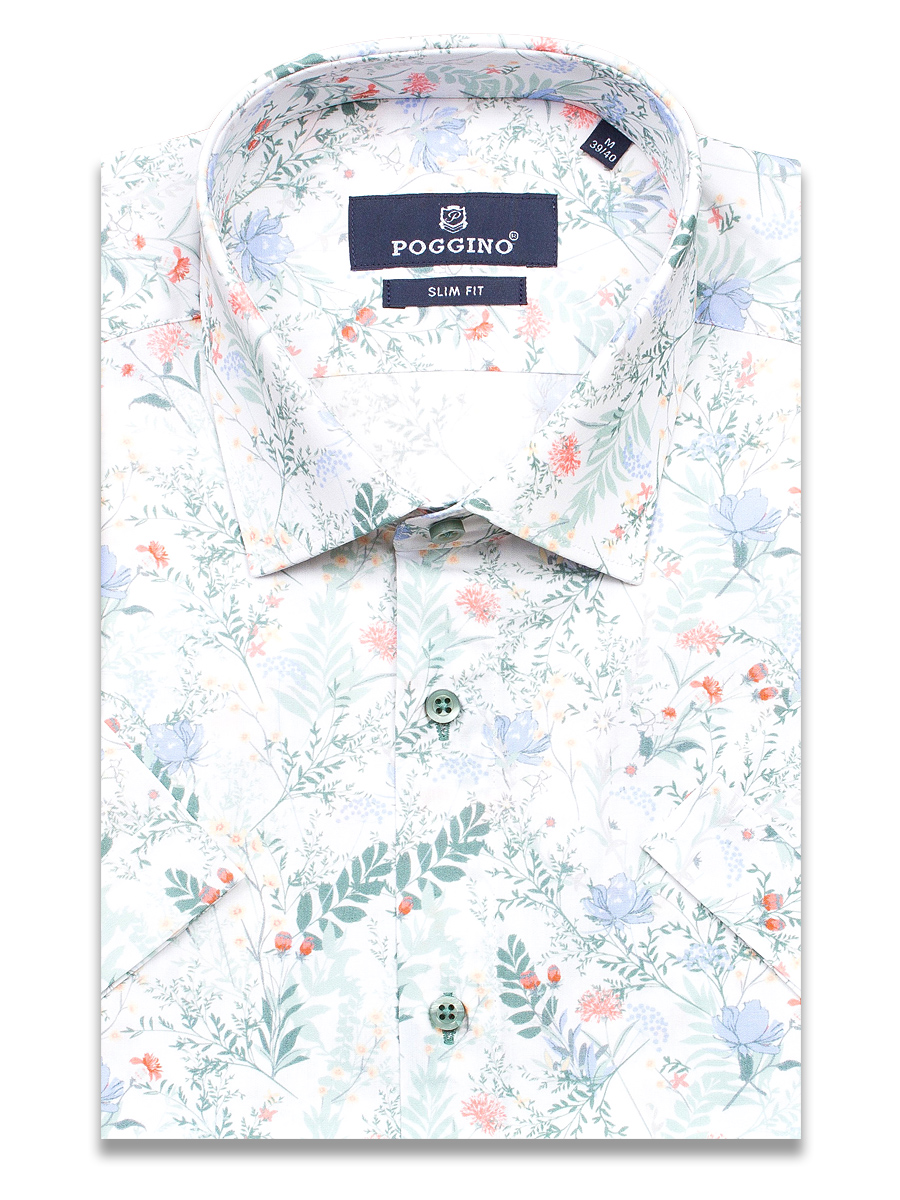 Белая приталенная мужская рубашка Poggino 7002-08 в цветах с коротким рукавом