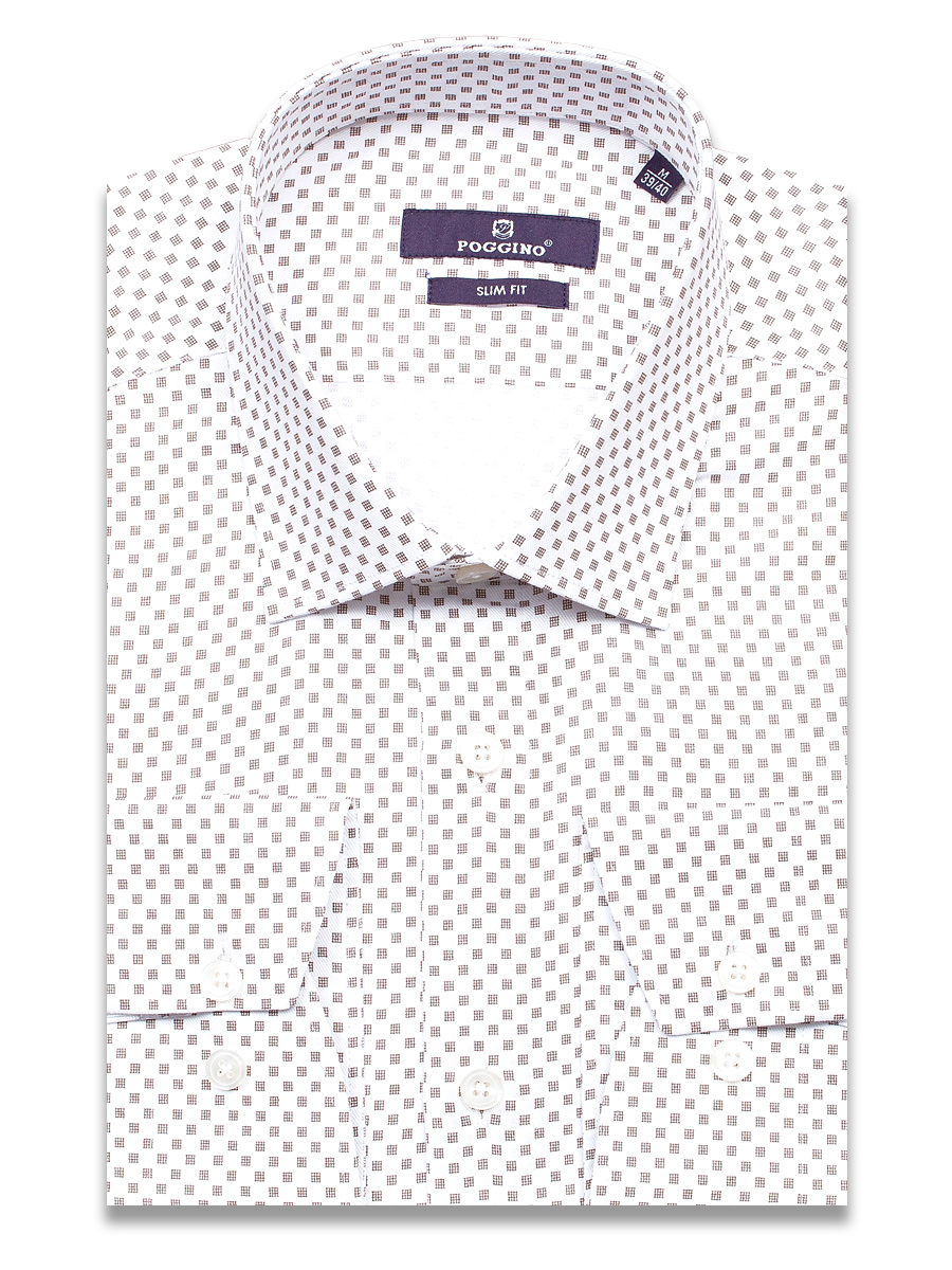 Белая приталенная мужская рубашка Poggino 7017-64 в клетку с длинными рукавами