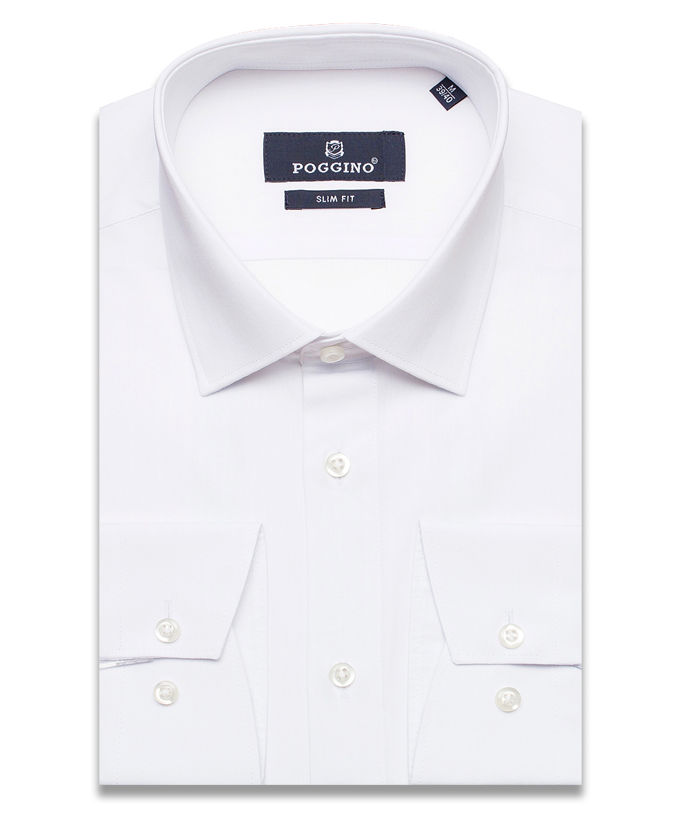 Белая приталенная мужская рубашка Poggino 7016-01 с длинными рукавами