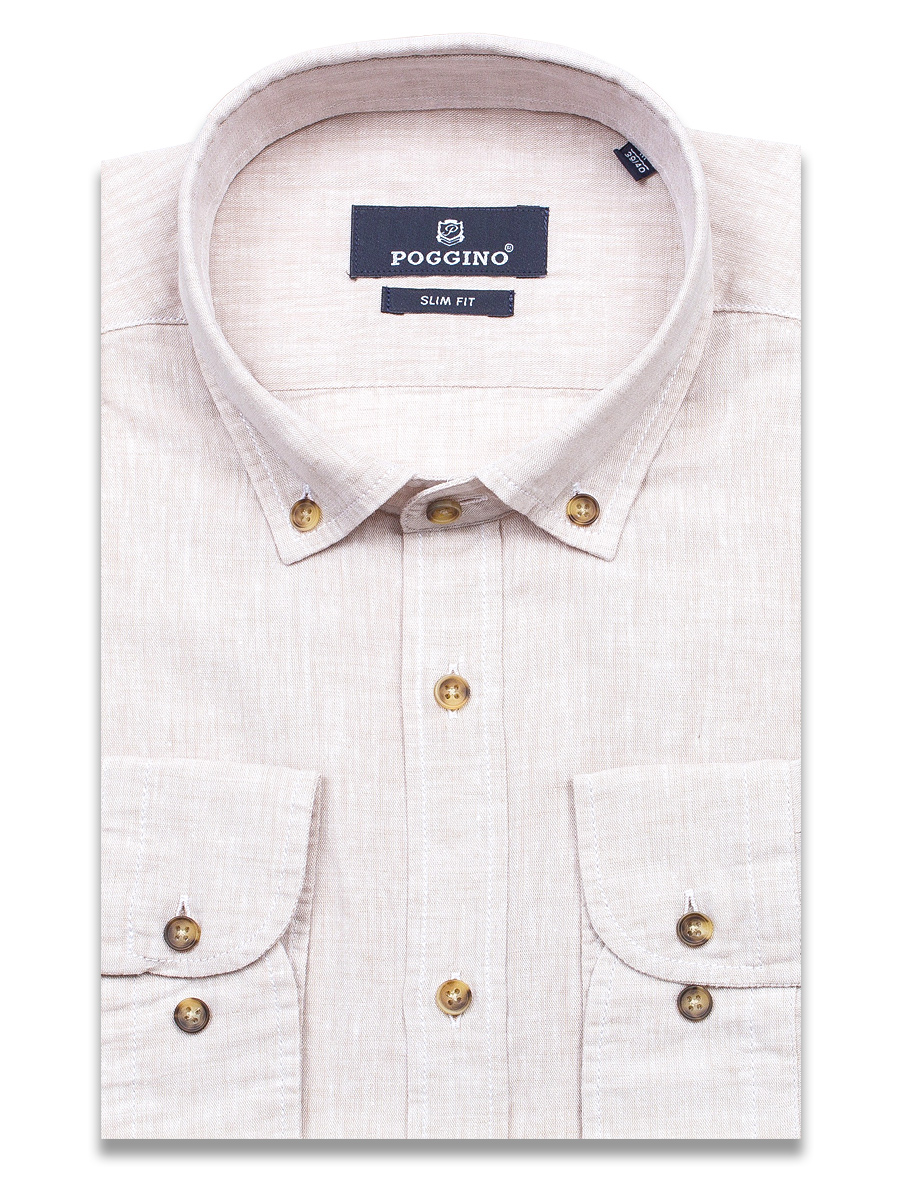 Льняная бежевая приталенная мужская рубашка Poggino 7013-06 с длинными рукавами